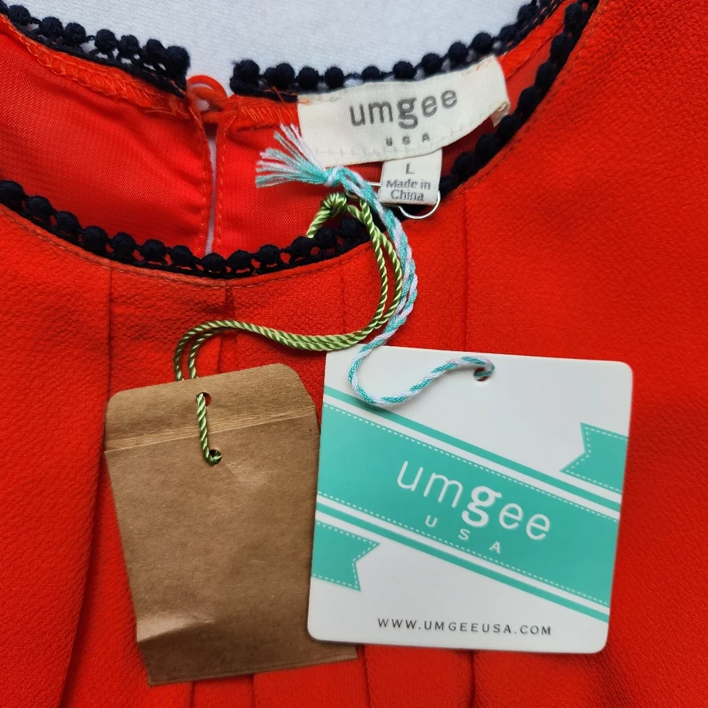 Umgee The Virginia Shift Dress Pleated Sleeveless Orange Navy Blue New Large - Picture 11 of 15